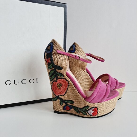 Gucci Pink Suede Floral Embroidered Wedge Platform Ankle Strap Size 36.5 - Picture 1 of 14